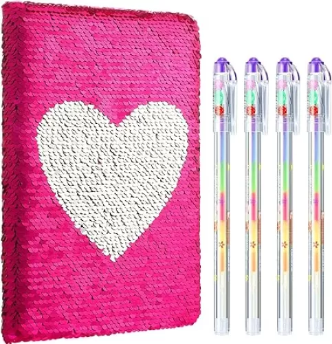 Outus Sequin Girls Journal Set with 4 Pieces Color Gel Ink Pens Reversible Diary Flip Sequin Notebook Glitter Writing Journal for Girls Teens End of The Year Gifts(Vibrant Pink, Heart)