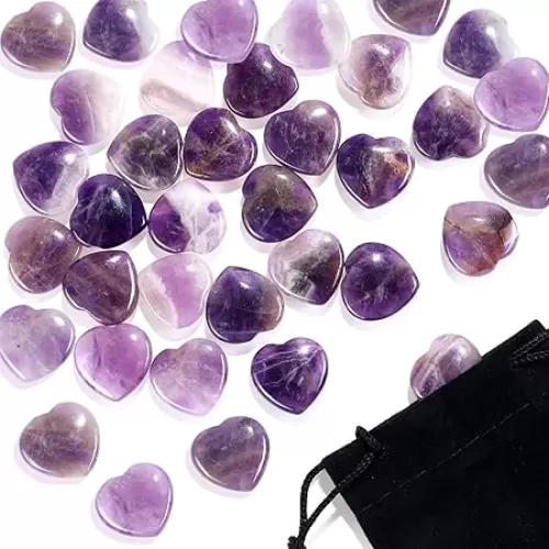 Patelai 24 Pcs Amethyst Heart Crystals Purple Heart Shaped Stones Natural Healing Worry Stones Mini Pocket Gemstone with Black Flannelette Bag for Valentines Gift Reiki Balancing