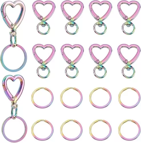 PH PandaHall 20pcs Heart Keychain Clip, 10pcs 1 Inch 304 Stainless Steel Round Split Key Rings 10pcs Metal Trigger Snap Hooks Iridescence Lanyard Keychains Hook for Keychain Lanyard Bag Mother's Day