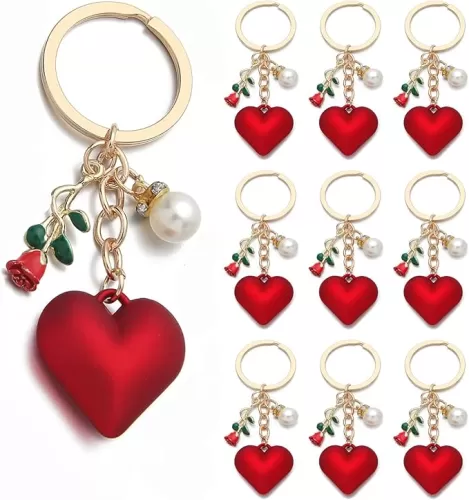 PHAETON 10PCS Heart Rose Flower Keychain Couples Gift Key Chain Ring Bag Backpack Charm Car Hanging Pendant Women daily uses Valentines' Day Gift