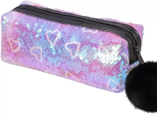 PHOGARY Sequin Preppy Pencil Case for Girls, Fluffy Zip Pull Pouch Bag Holographic Pen Case Sparkling School Stuff Shimmery Glitter Makeup Bag (Purple, Heart)