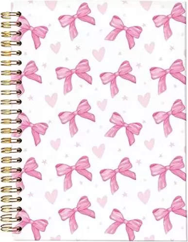 Pink Bow Heart Coquette Notebook Journal, Trendy Pink Preppy Girly Notebook, Pink Bow Office Supplies, Womens Journals for Writing, 5.5x8.3 Inch