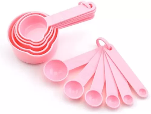 Plastic Measuring Cups and Spoons Set of 11, Kitchen Measuring Cups and Spoons Set for Dry & Liquid Ingredients, 5 Measuring Cups & 6 Measuring Spoons Set for Cooking & Baking Color Pink