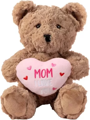 Plush Bear with Heart Message Mom I Love You, Stuffed Animal Gift for Mother