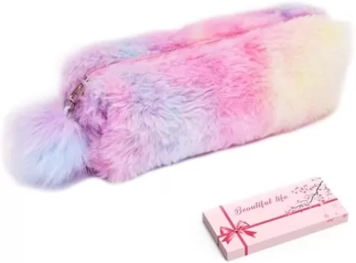 Plush Rainbow Pencil Case for Girls Fluffy Pencil Case Cute Rainbow Pencil Holder Soft Pencil Case Fluffy Pencil Bag Makeup Pouch Colored Storage Bags Large Capacity School Supplies for Kids
