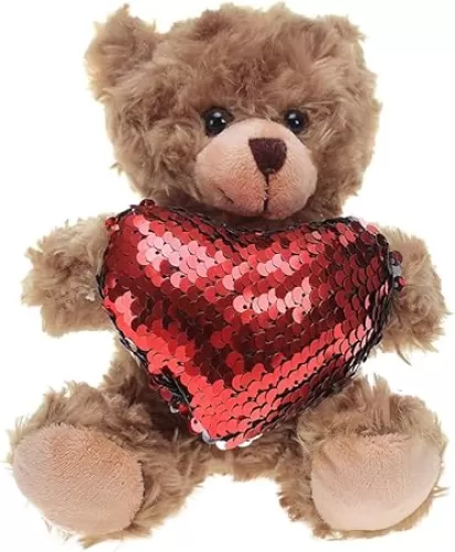 Plushland Stuffed Mocha Heart Bear - Plush Bear Toy for Kids & Adults - Embroidered Heart Pillow - Brown-6 inches (Red Heart)