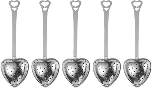 Pokinge 5PCS Tea Filter Long Grip Handle Heart-shaped Tea Sink Stainless Steel Mesh Heart Shaped Tea Strainer Spoon Tea Infuser Spoon for Loose Leaf Tea