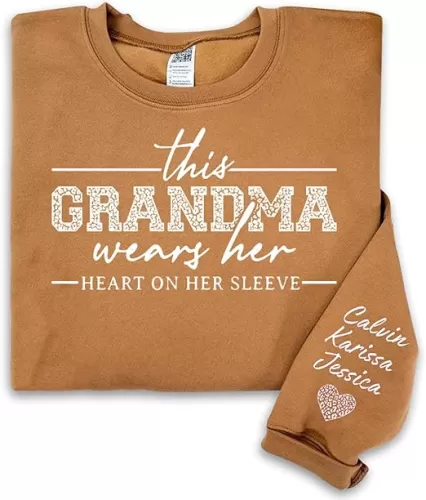 POPPOP Custom Grandma Sweatshirt, This Grandma Wears Her Heart On Her Sleeve, Custom Mom Mama Sweater, Mothers day