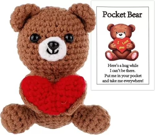 Positive Bear, Pocket Hug Bear with Love Heart Bear Crochet Doll Valentine Bear Emotional Support Animals Knitted Bear Toy for Christmas Birthday Valentines Gift Decoration (Brown)