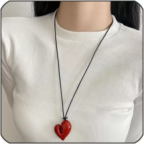 Puffy Heart Pendant Necklace for Women Men Cute Resin Love Heart Necklace Y2k Adjustable Chunky Love Sweater Chain Dainty Valentine