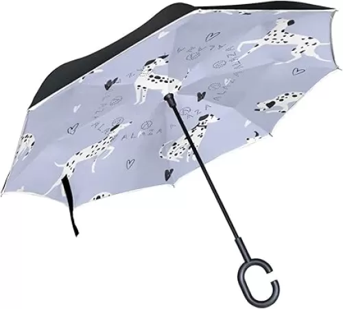 Purple Dalmatian Dog Heart Inverted Reverse Upside Down Umbrella with C-Shaped Handle, Anti-UV Waterproof Windproof Rain Umbrella for Women
