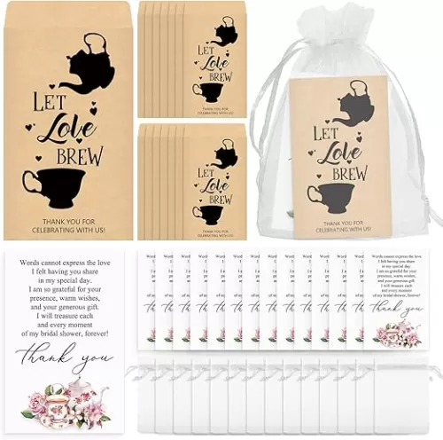 ReliThick 30 Sets Wedding Tea Party Favors for Guests Bags Let Love Brew Packets Self Adhesive Kraft Paper Envelopes Thank You Card Organza Bag for Bridal Shower Party Favors, No Tea