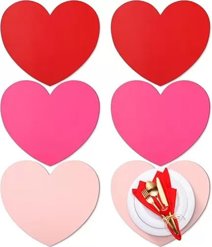 Remerry Leather Red Heart Placemats Set of 6 Red Heart Shaped Place Mats Waterproof Leather Washable Heart Shape Table Kitchen Mats for Kitchen Dining Table(Red, Rose Red, Pink)