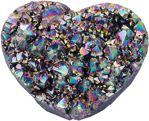 Rockcloud Natural Titanium Coated Crystal Quartz Cluster Druzy Geode Heart Shape Gemstone Figurine for Meditation Reiki Healing Home Decoration, Rainbow