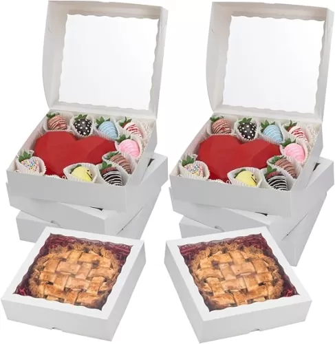 RomanticBaking 50pcs 10x10x2.5 Inches White Bakery Boxes Pie Boxes Cookies Boxes Chocolate Covered Strawberries Boxes Breakable Heart Boxes Charcuterie Boxes for Valentine