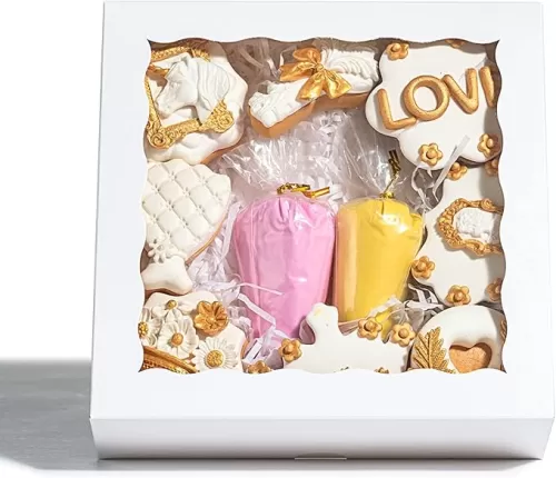 RomanticBaking 50pcs 8x8x2 Inches Bakery Boxes with Window Cookies Boxes Chocolate Covered Strawberries Boxes Cakesicle Boxes for Christmas Valentine's Halloween Easter Father's Mother's Day