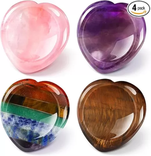 Roowest 4 Pcs Heart Shape Thumb Worry Stone for Anxiety Chakra Stone Sets Chakra Crystal Pink Crystal Amethyst Tiger Eye Aventurine Quartz Obsidian Anxiety Women Gifts for Stress Meditation