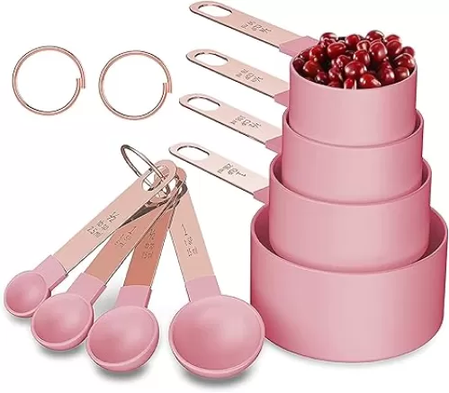Rose Gold Stainless Steel Handle Measuring Cups and Spoons Set, 8 Piece Stackable Accurate Tablespoon for Measuring Dry and Liquid Ingredients Small Teaspoon with Plastic Head (Pink)