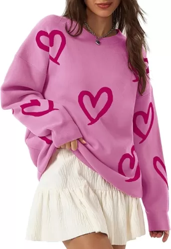 Saodimallsu Womens Oversized Heart Sweater Crew Neck Long Sleeve Knit Cute Valentines Pullover Sweaters