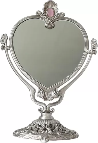 SEHAMANO Vintage Heart Shaped Vanity Mirror with Embossed Feather/Antique & Luxury Decorative Table top Retro Mirror with Mounted Bead for Bedroom, Living Room and Room Decor (Tin (Matt Silver))