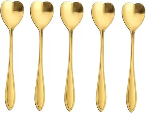 Set of 10 Heart-Shaped Gold Stainless Steel Spoons for Coffee, Desserts, and Tea - Ideal for Sugar, Stirring, Ice Cream, and Cake 5inch