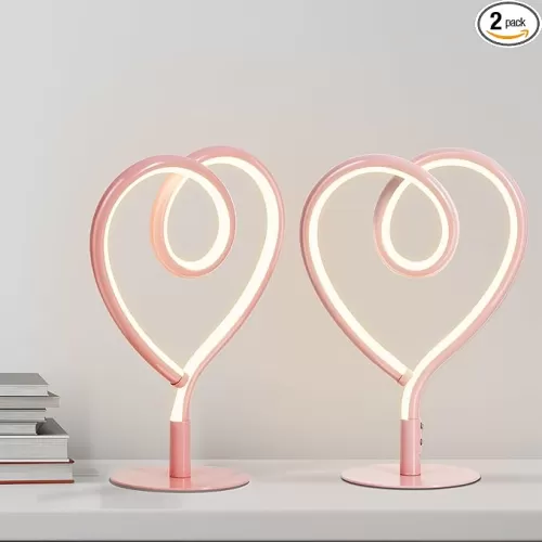 Set of 2 Heart Modern Table Lamps, 3 Way Dimmable Bedside Lights Decorative lamp with Touch Control - LED Nightstand Lamps for Bedroom, Living Room, Dresser, Office - Unique Pink Gift