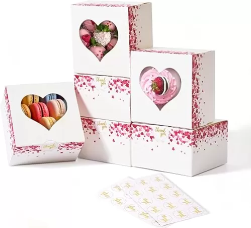 Shallive 4-Inch Kids Valentines Cookie Boxes 25 Pcs Heart - Bakery Treat Boxes for Mothers Day Gifting, Wedding To-go Containers for Favors Cake Slice, Macarons, Donuts 4x4x2.5