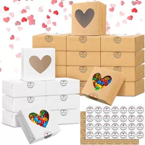 Sinmoe 50 Pcs Valentine Party Favors Gift Boxes Heart Shaped Candy Boxes with Window Bulk Valentine