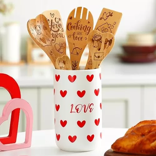 Sliner 7 Pack Valentines Day Gifts Ceramic Valentines Utensil Holder with Bamboo Heart Measuring Spoons Set Kitchen Utensils with Wooden Spatulas Cooking Gifts for Women Wife Mom Kitchen Hostess