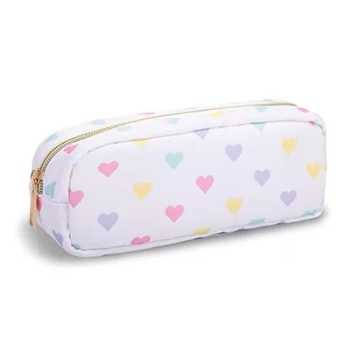Small Pencil Case Makeup Bag for Purse, Cute Pencil Pouch Preppy Nylon Makeup Brush Bag with Zipper , Girls Portable Stationery Storage Case Small Pen Bag for Office School College(Slim-Pink Heart)