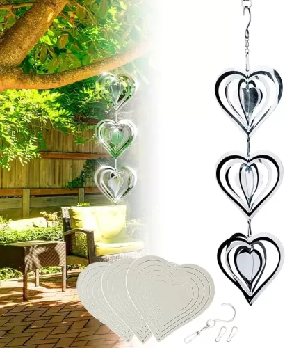 Stainless Steel Wind Spinner, 3D Silver Indoor Outdoor Garden Decoration Crafts Ornaments, Metal Wind Chimes for Outside Decor, Decorations to Scare Away Yard Birds (Heart-Wind Sculpture)