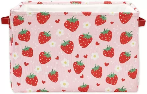 Strawberry Storage Basket Foldable Strawberry Flower Heart Storage Bin with Handle Red Pink Fabric Storage Box for Home Office Organizer Decor, 15 x 10.2 x 9.4 Inch