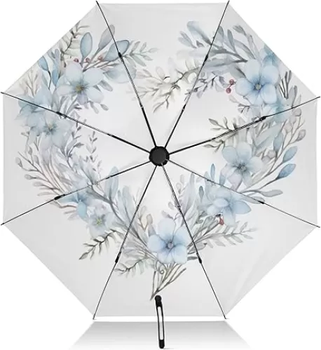 Sunny and Rainy Umbrella Blue Flowers Of Heart Shape Easy Auto Open Close Portable Umbrella