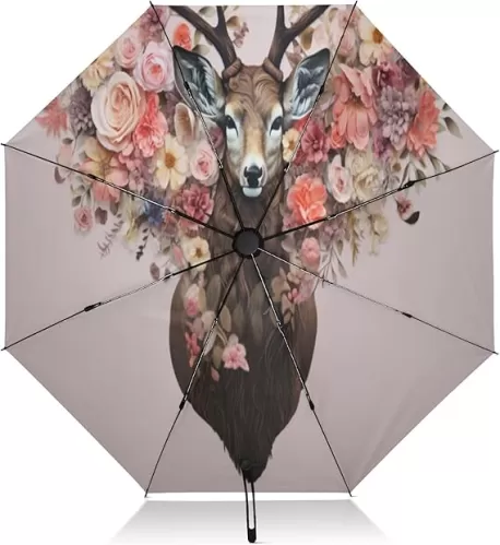 Sunny and Rainy Umbrella Deer and Heart Shape Flowers Easy Auto Open Close Portable Umbrella