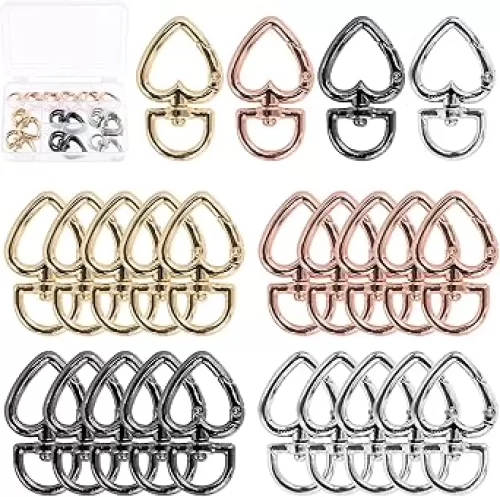 Swpeet 20PCS 4 Colors Zinc Alloy Heart Shape Swivel Buckles Set, Gold Silver Gun-Black Rose-Gold Heart Shape Trigger Spring Keyring Buckle for DIY Key Chains, Buckle, Bags, Purses