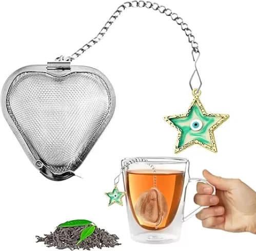 Tea infuser for loose leaf tea, Heart Shape Stainless Steel tea strainer, Lucky Turkish Blue Eyes Series Tea steeper Set (1, green star)