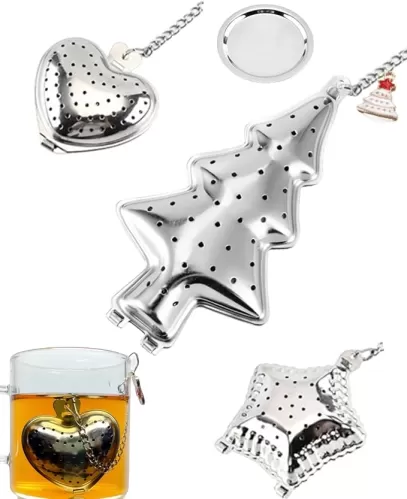 Tea Infuser for Loose Tea, Upgraded Tea Strainer, 4PCS Tea Steeper, Tea Ball & Saucer for Tea Flavoring Herbal Spices Seasonings, Christmas Tree Star Heart Style (Silver)