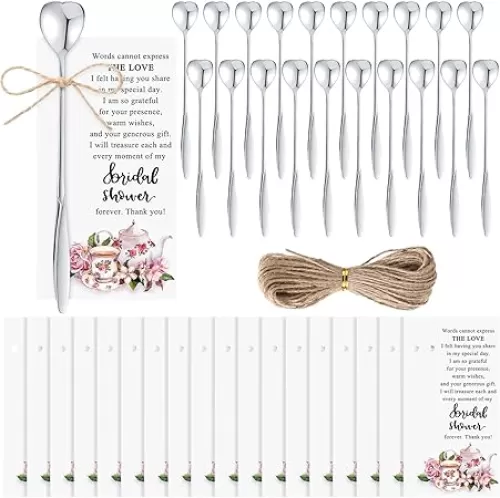 Tea Party Bridal Shower Favors Mini Coffee Spoons Small Tea Spoons Heart Shaped Spoon with Bridal Shower Thank You Cards and Hemp Rope Wedding Souvenirs Tea Party Favor (50, Silver)