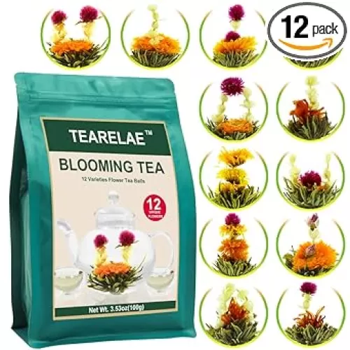 TEARELAE Blooming Tea Flowers - 12pcs Individually Sealed Flowering Tea Balls - Hand-Tied Natural Green Tea Leaves & Edible Flowers - Gifts For Tea Lovers