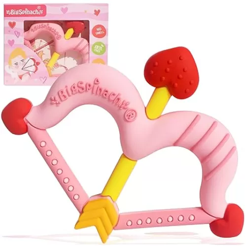 Teethers Heart Shape Silicone Baby Teether Toy Easy for Little Hands to Hold, Cupid Bow and Arrow Soft Teething Toy for Infants, Valentine
