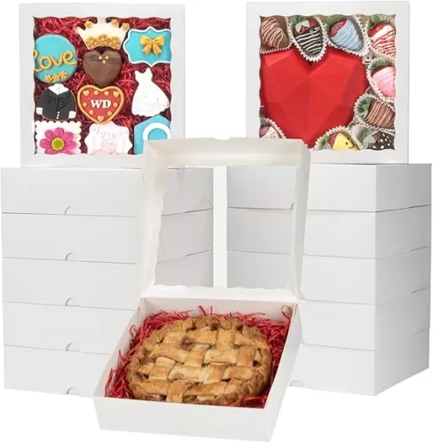 50pcs 9x9x2.5 Inches White Bakery Boxes - Cookies, Pie, Chocolate Covered Strawberries, Breakable Heart, Charcuterie Boxes for Valentine