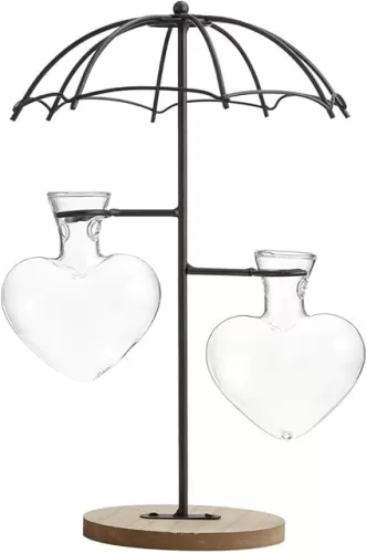 TJ Global Umbrella Double Glass Heart Vase Planter Holder, Plant Terrarium, Propagation Station, Metal Stand for Hydroponics Plants Home Garden Wedding Decoration Outdoor Planter Ideas Modern Creative