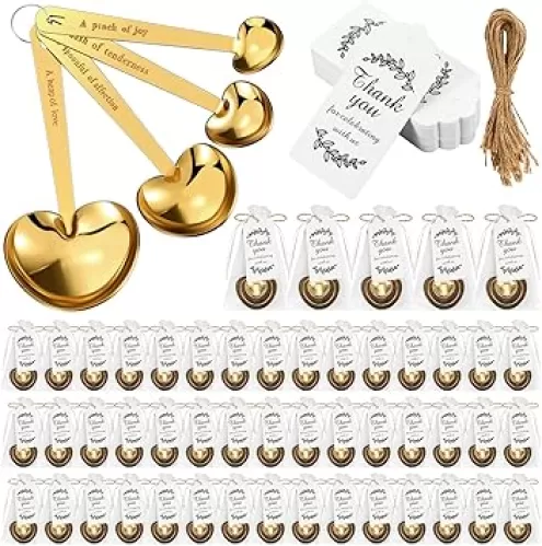 Umigy 50 Set Heart Shaped Measuring Spoon Tea Spoons Wedding Baby Shower Favors for Guests Set Heart Shape Drawstring Organza Bag Gift Tag Rope for Wedding Bridal Shower Souvenir (Gold)