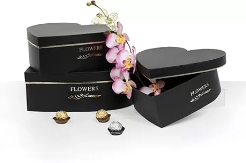 UNIKPACKAGING Set of 3, Heart Shaped Flower/Gift Boxes (Black)