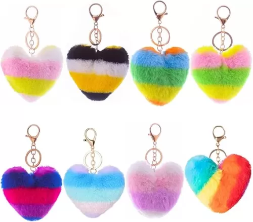 Unpafcxddyig 8PCS Pom Poms Keychains Fluffy Heart Shape Pompoms Keyring Faux Rabbit Fur Key Chain for Car Bag Charm Rainbow