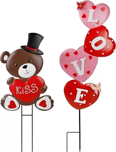 Valentines Day Decorations, 2 Pcs Valentines Yard Signs, Metal Stakes Valentines Day Outdoor Decorations, Love Bear Heart Decor for Valentines Day Outside Lawn Decorations