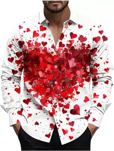 Valentines Day Dress Shirt Men Stylish Casual Lapel Long Sleeve Love Heart Print Button Down Shirts Mens Vacation Top