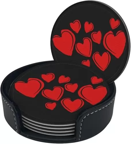 Valentine's Day Red Hearts Print Coaster Set of 6 for Drinks with Holder for Coffee Wooden Table Home Decor 4 inch