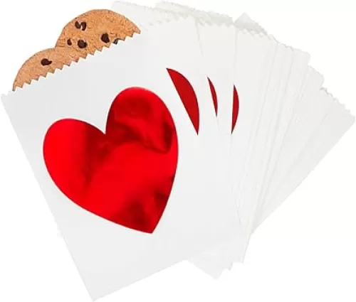 Valentines Goodie Bags Love, Shiny Red Heart Paper Treat Bags, 50 Bulk Pk Wedding Favor Bags, Valentines Day Decor, Party Favor Cookie Bags, Wedding Goodie Bags, Individual Unique Buffet Pastry Bags
