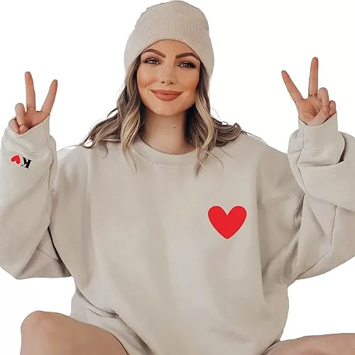 Valentines Sweatshirts for Women Initial on Sleeve Custom Heart Sweatshirt for Couples Personalized Love Sweatshirt Heart Sweater Valentines Day Sweaters Christmas Gift for Her